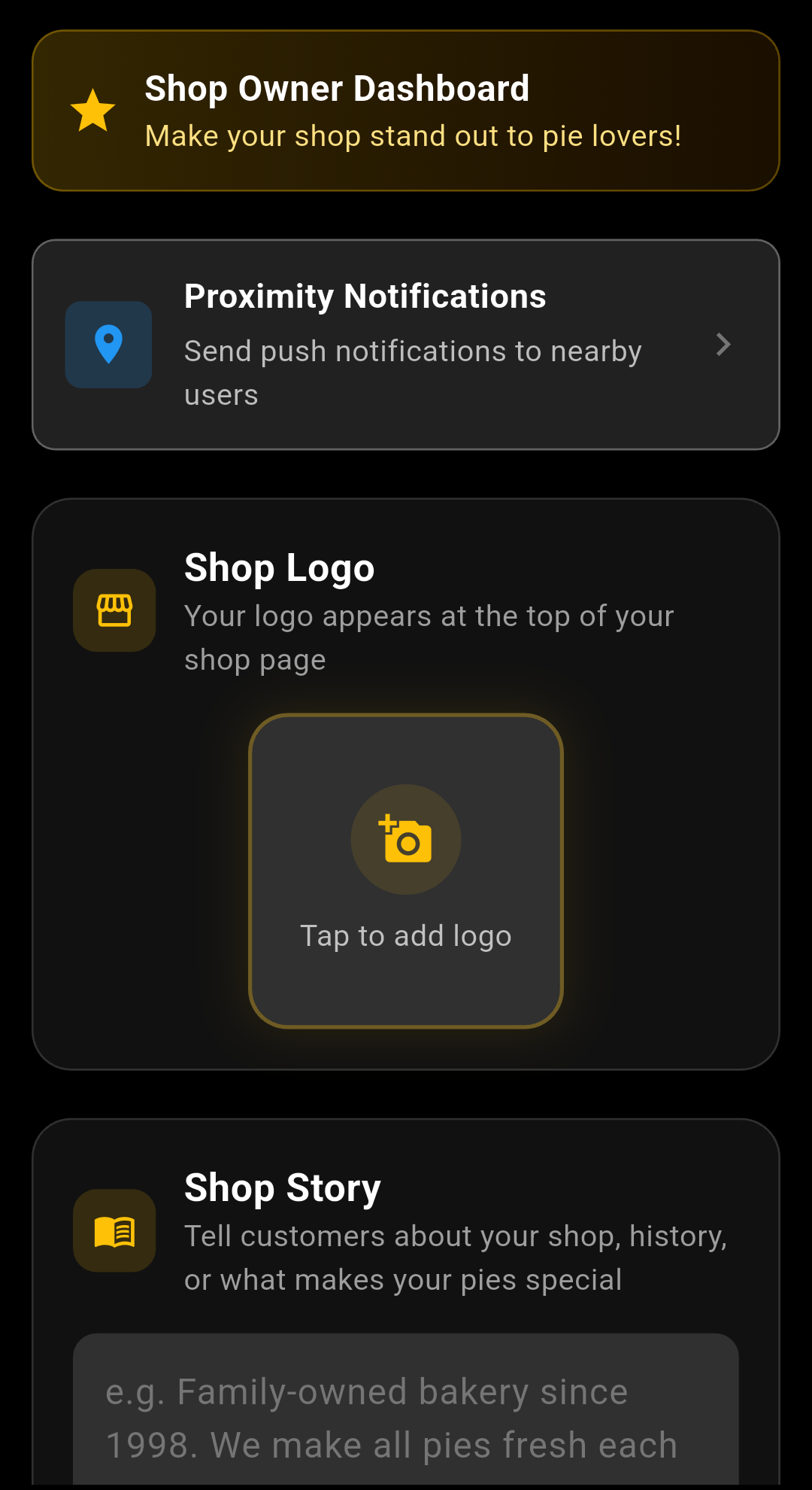 Mean Pies shop dashboard details screen