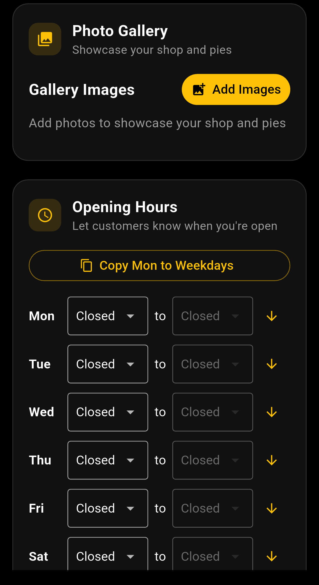Mean Pies shop dashboard featured images screen