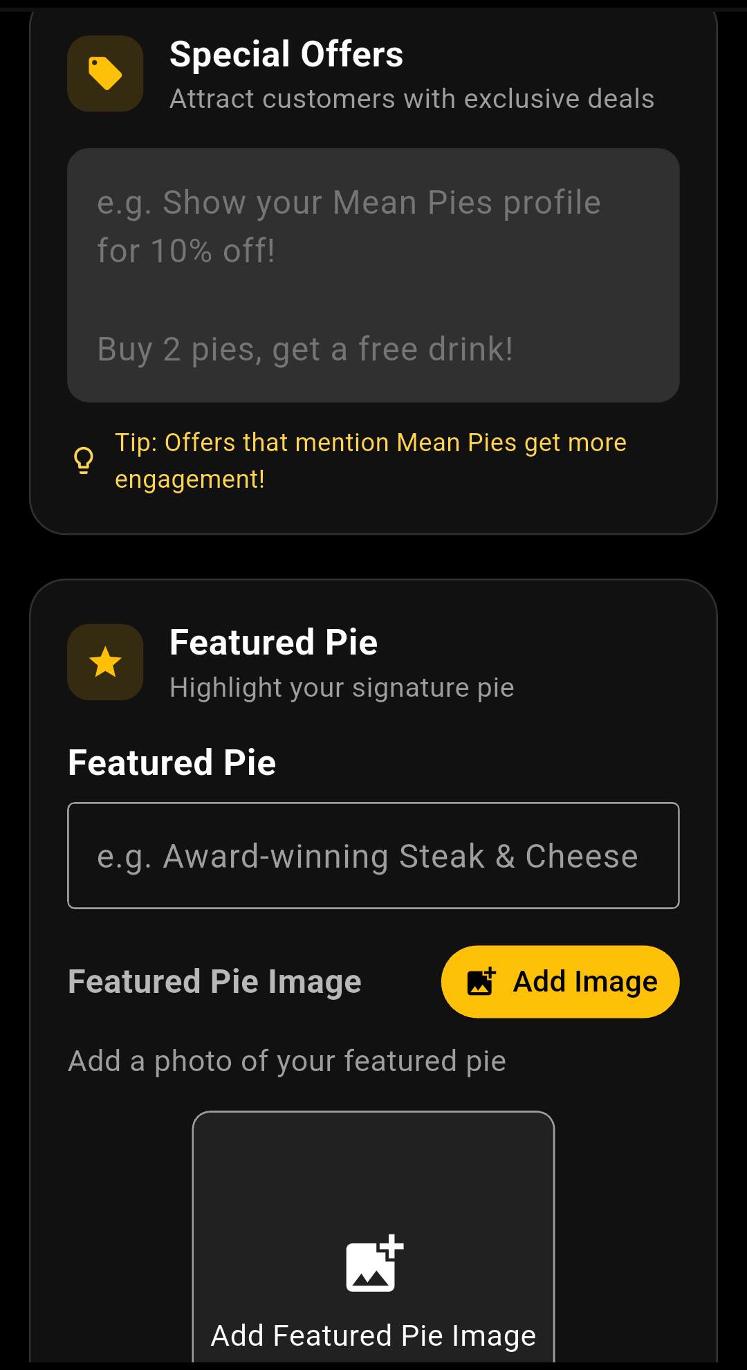 Mean Pies shop dashboard featured pie screen