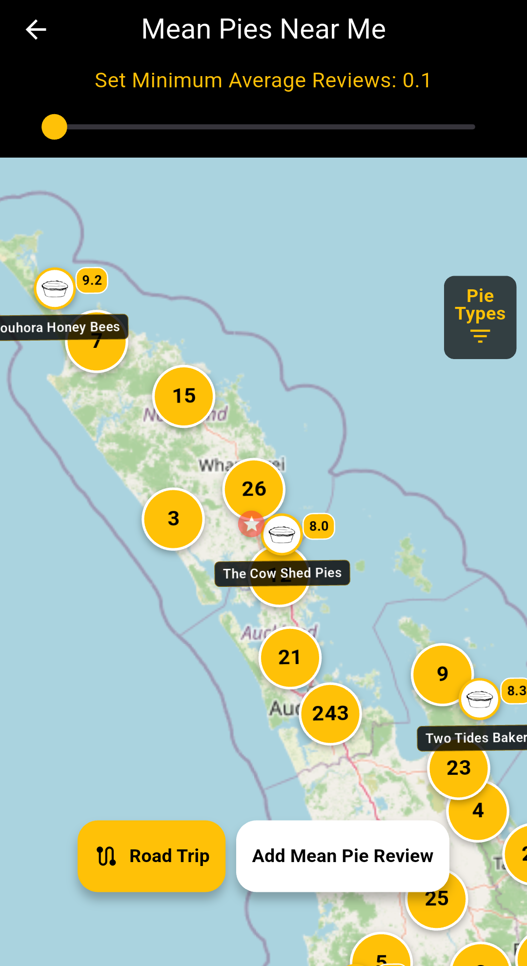 Mean Pies map showing a highlighted premium shop marker